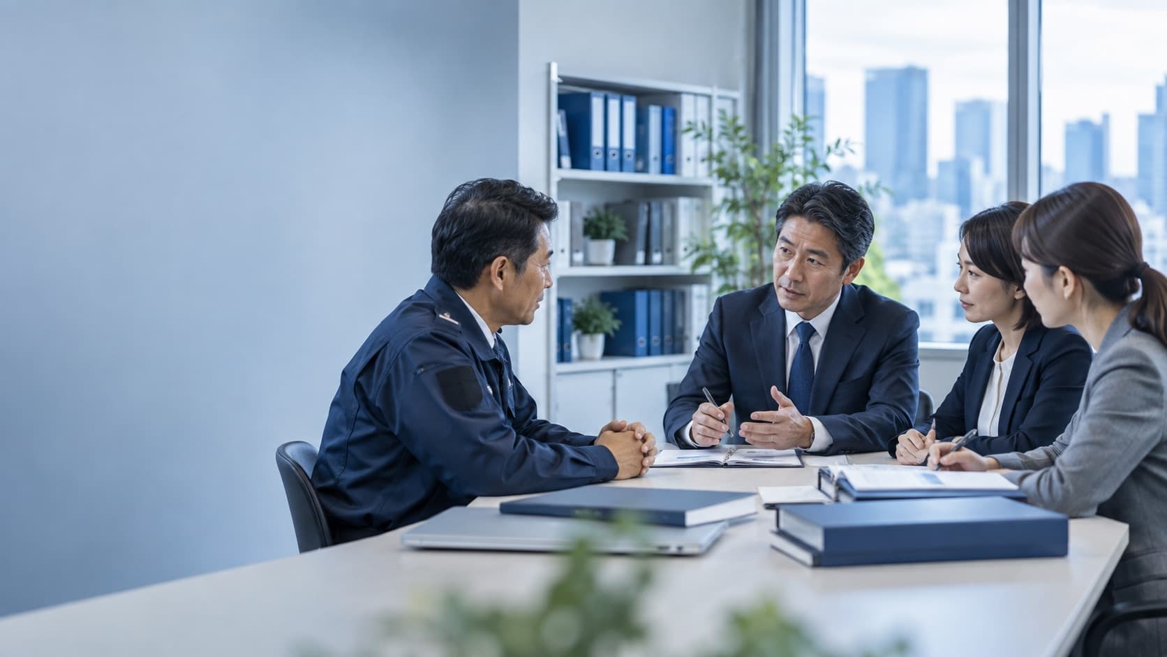 警備会社が専門家と制度対応を確認するイメージ