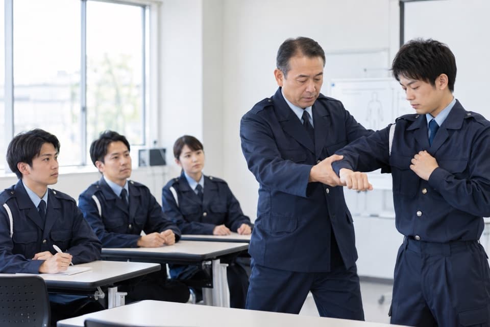 警備員講習で実技指導を受ける受講者
