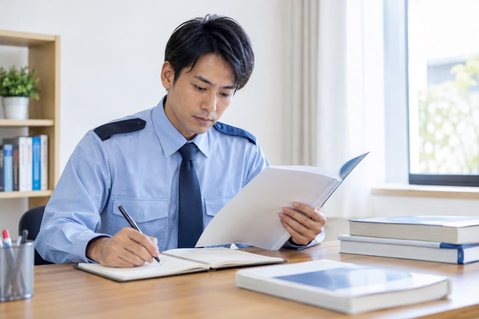 警備資格の試験教材で学習する警備員