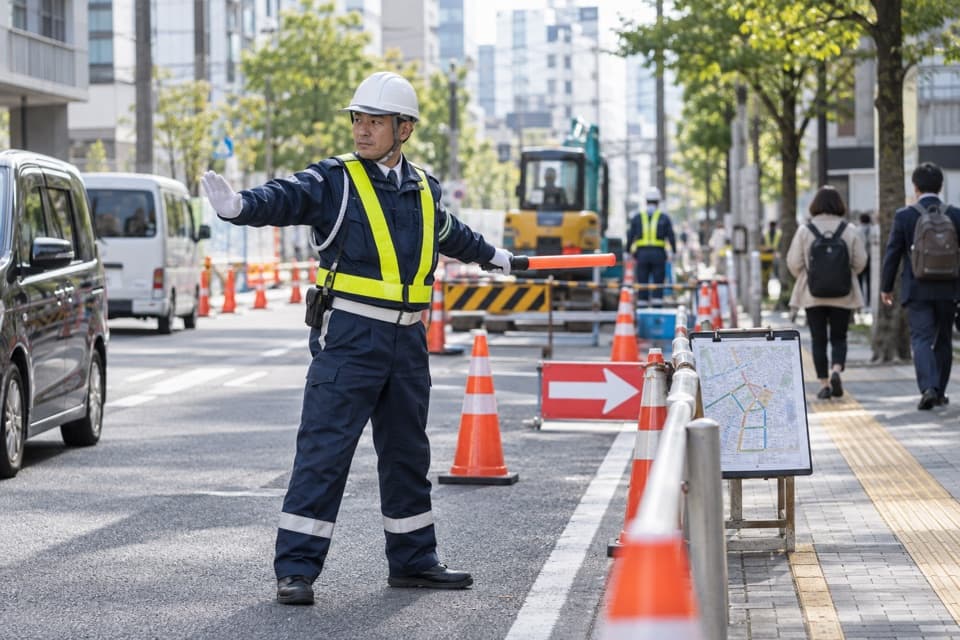 工事中の道路で安全に交通誘導を行う警備員