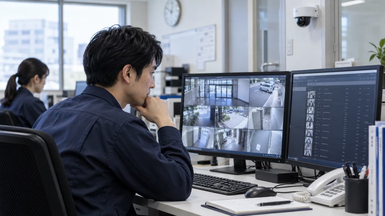 監視カメラ映像を確認する警備会社の担当者