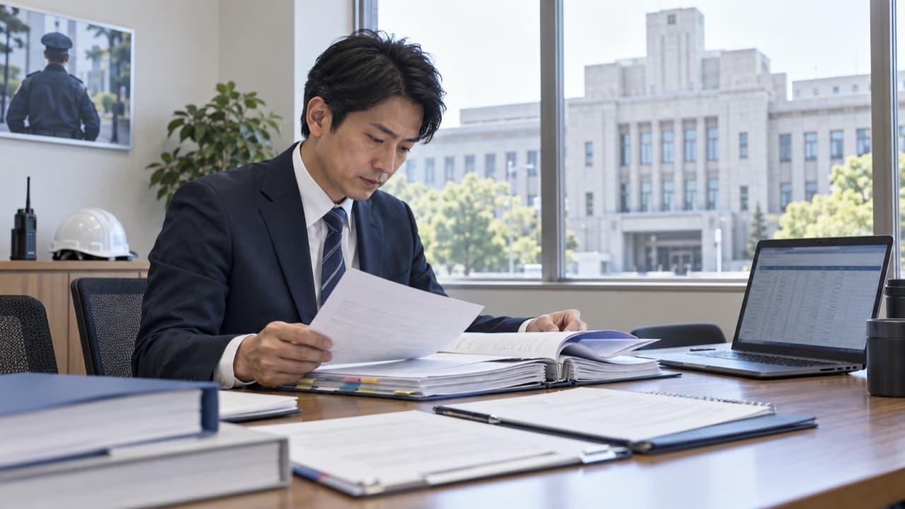 入札関係書類を確認する警備会社の担当者