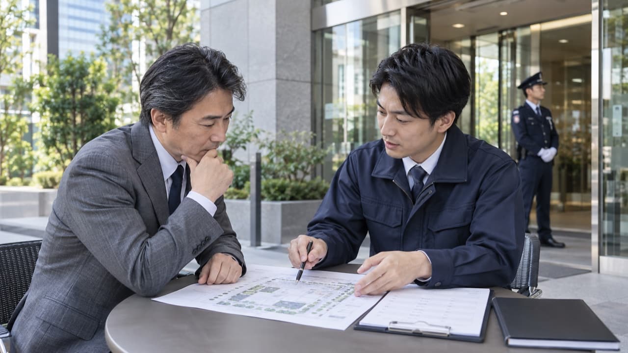 施設警備の計画を依頼者へ説明する警備会社の担当者