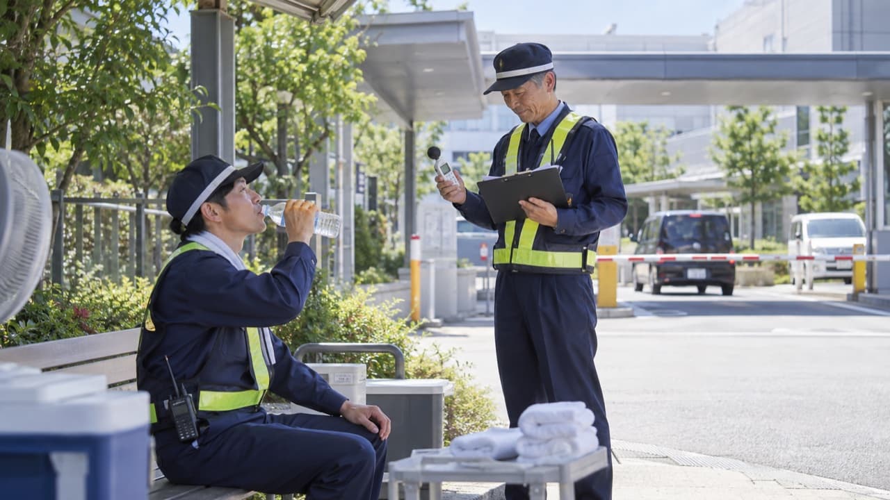 屋外警備の休憩時に水分補給と暑熱確認を行う警備員
