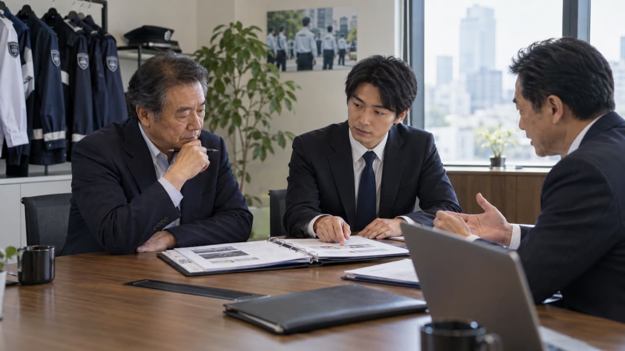 警備会社の事業承継について資料を確認する経営者と担当者
