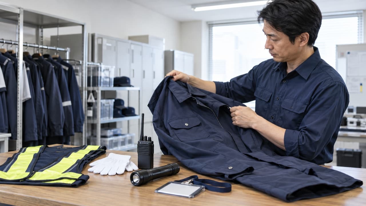 警備員の制服と装備品を点検する担当者