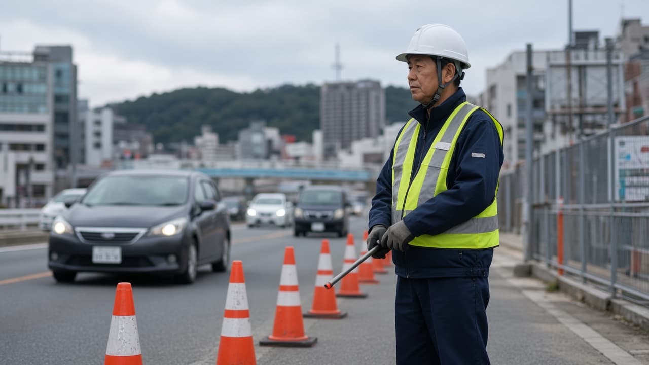 福岡の道路工事現場付近で交通誘導を行う警備員のイメージ