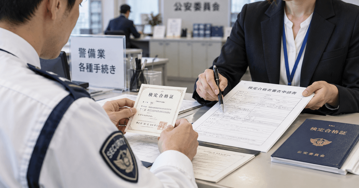 公安委員会窓口で旧合格証と審査申請書を確認するイメージ