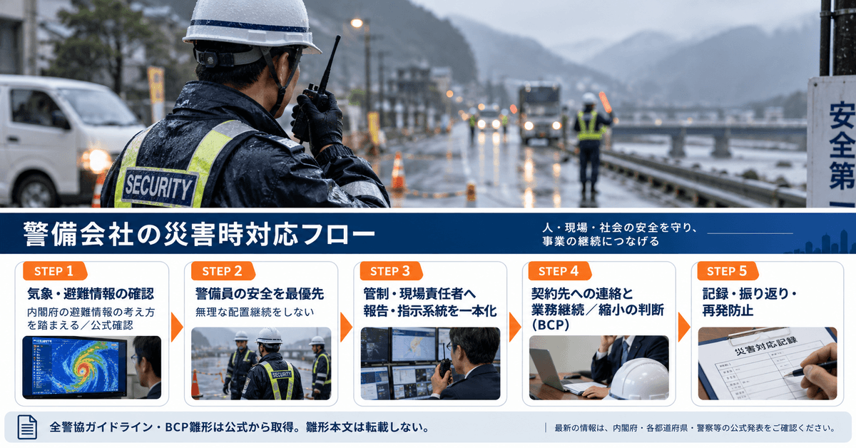 警備会社の災害時対応フローを示した図解
