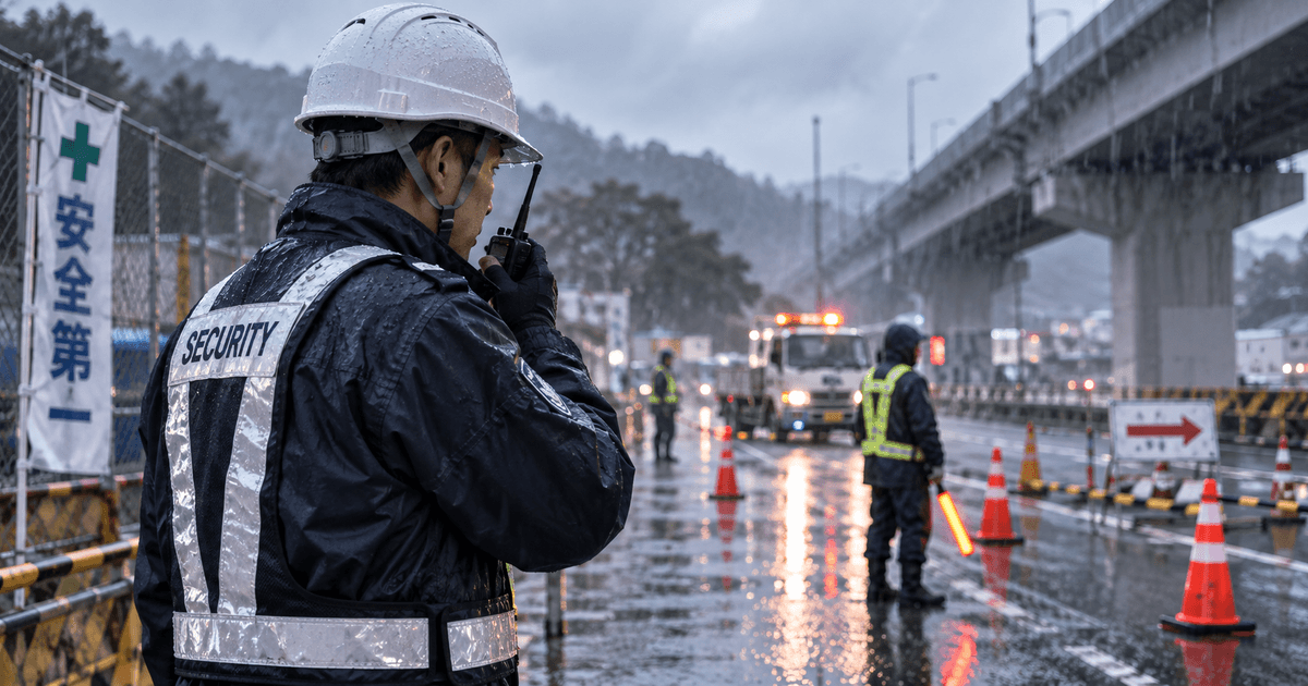 雨天の現場で無線連絡する警備員の災害対応イメージ