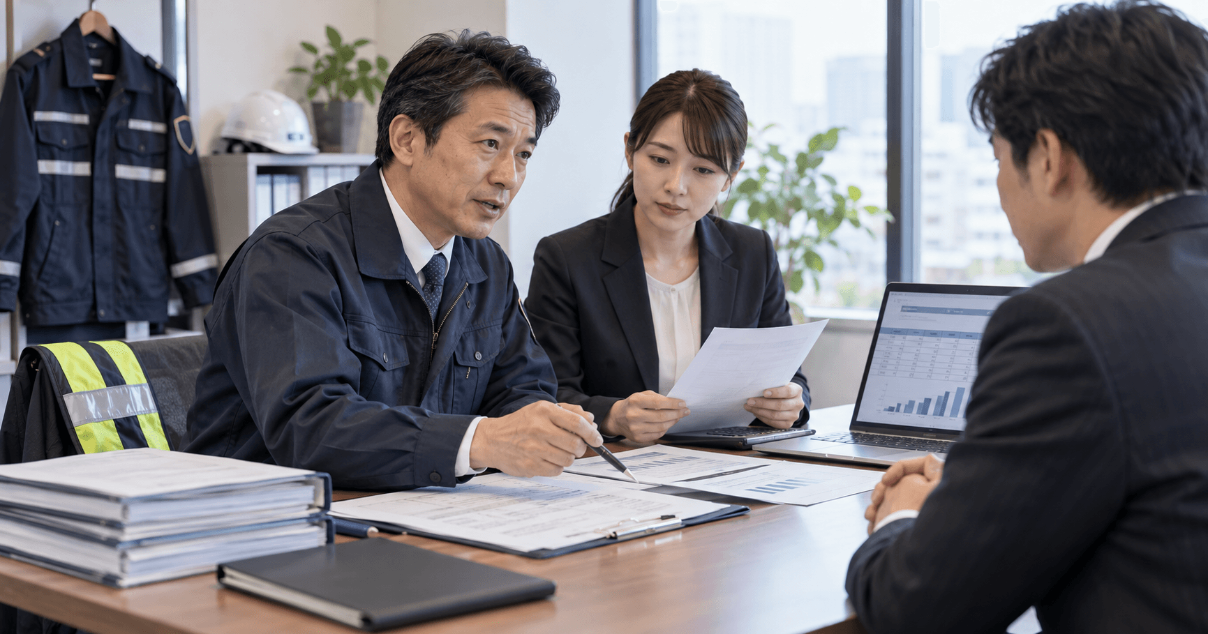 会議室で警備料金の見積資料と原価内訳を確認しながら発注者への説明を準備する警備会社の担当者