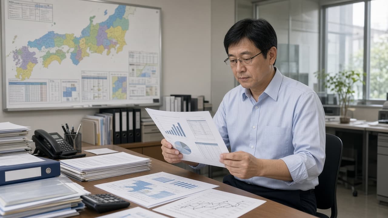 警備業の統計資料と日本地図を確認する担当者のイメージ