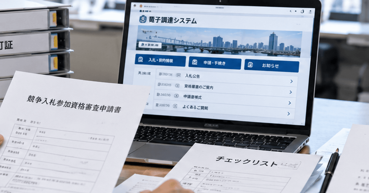 電子調達画面と競争入札参加資格の申請書類を確認するイメージ