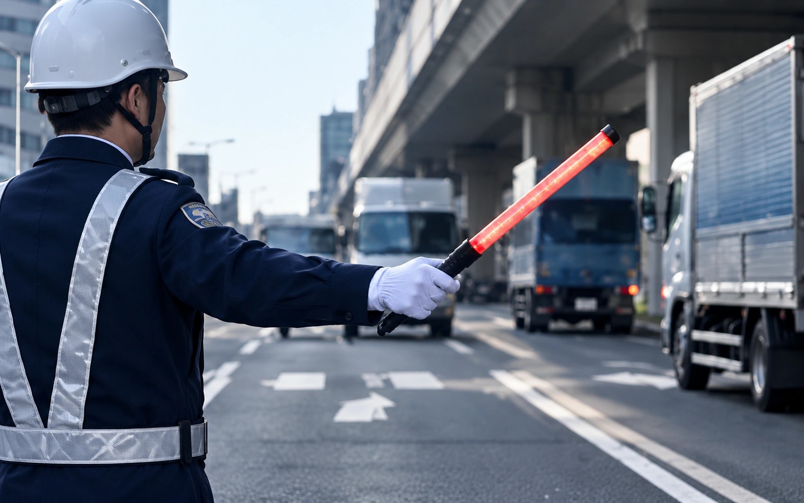 工事中の道路で安全に交通誘導を行う警備員