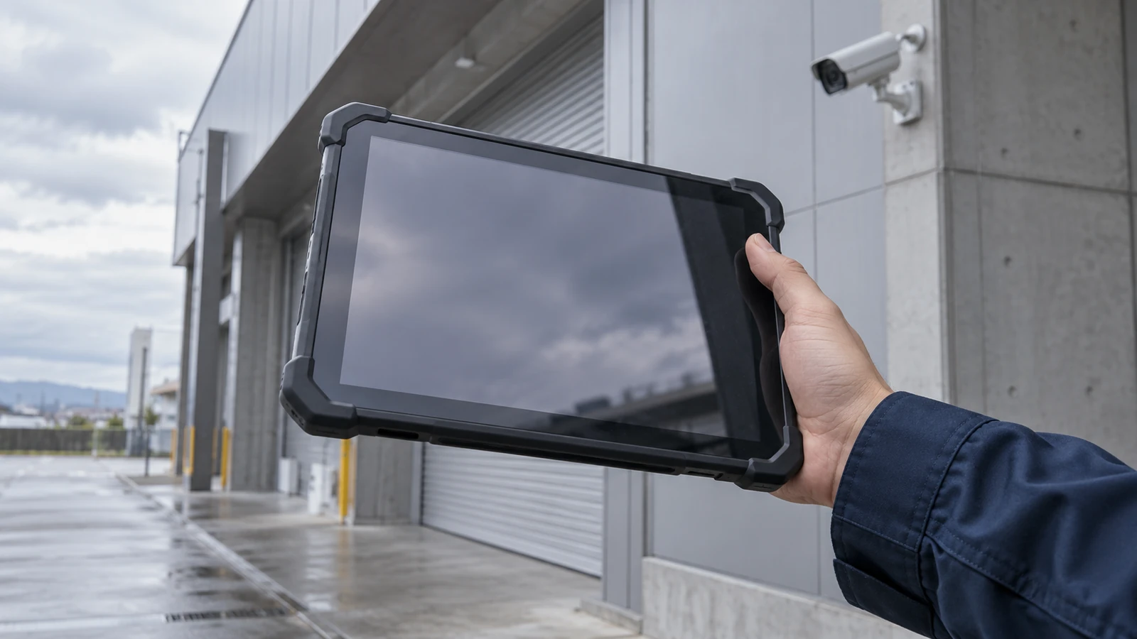 監視カメラを背景にタブレットを使う手元