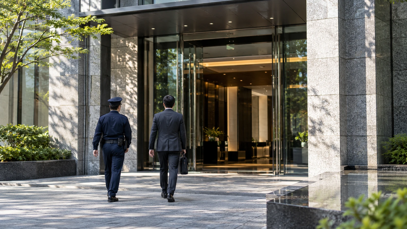 近代的な施設入口を視察する警備担当者と依頼者の後ろ姿