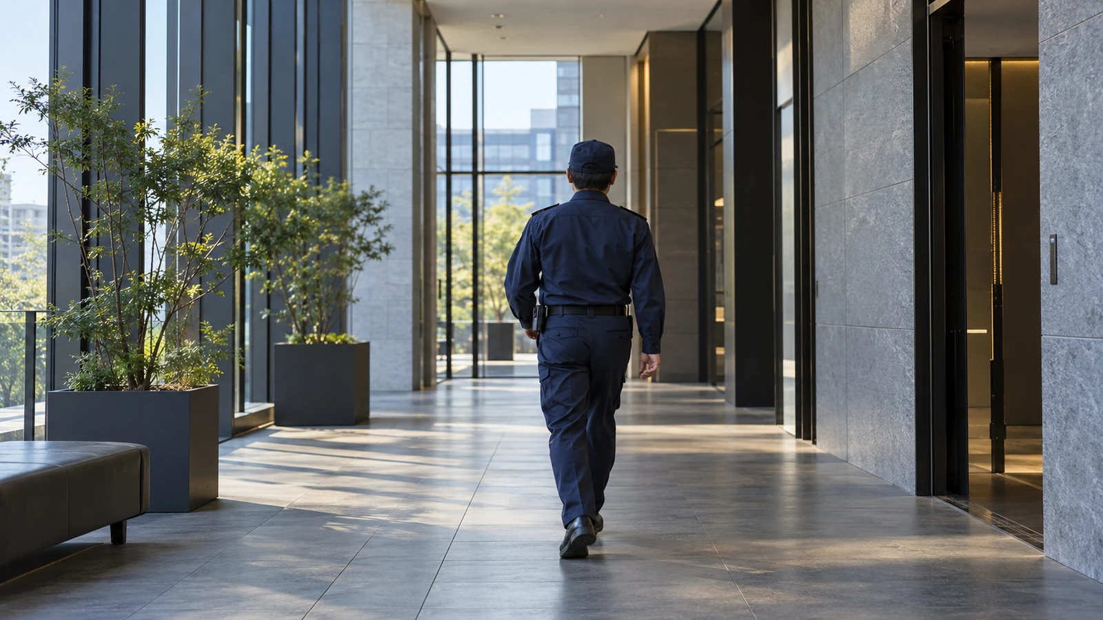 警備会社の廊下を歩く制服姿の後ろ姿
