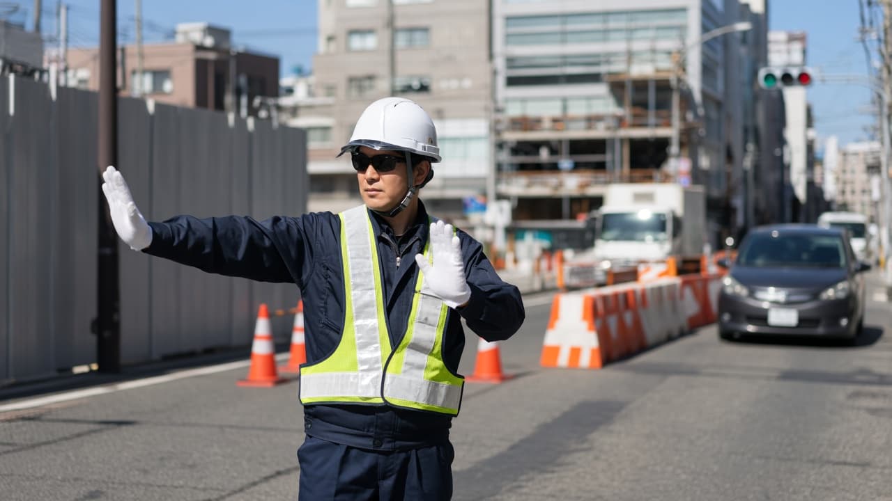 工事現場付近で交通誘導を行う警備員のイメージ