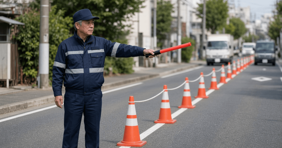 工事現場付近で交通誘導を行う警備員のイメージ(岐阜)