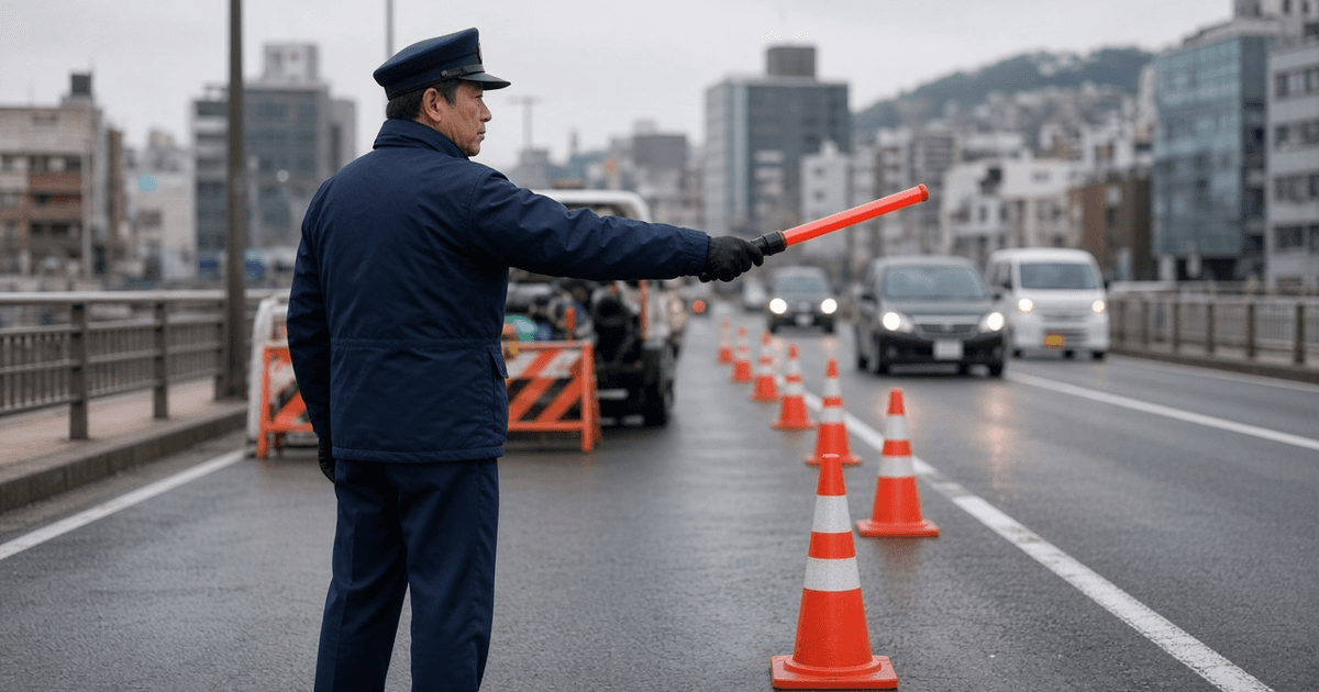 都市部の道路工事付近で交通誘導を行う警備員のイメージ(広島)