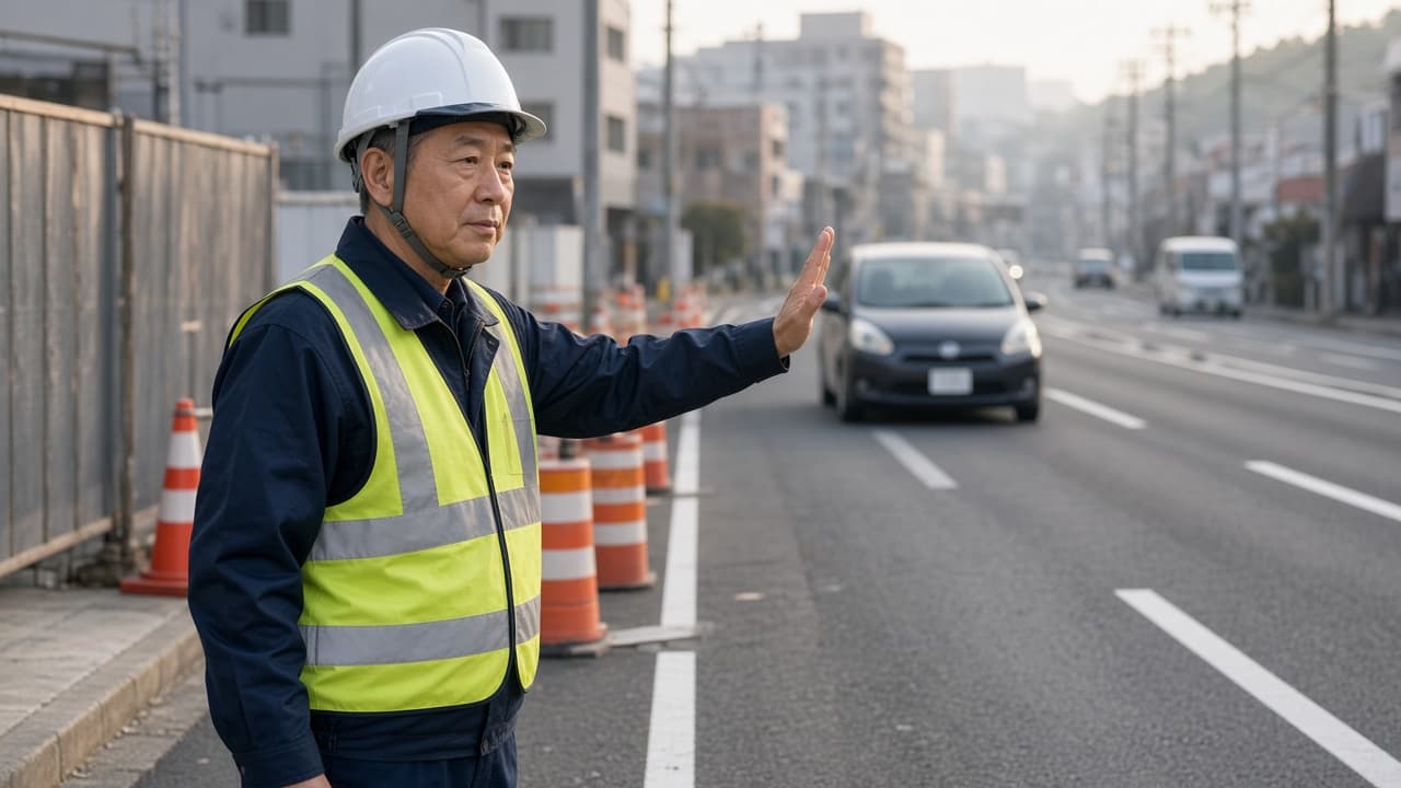 神奈川の道路工事現場付近で交通誘導を行う警備員のイメージ
