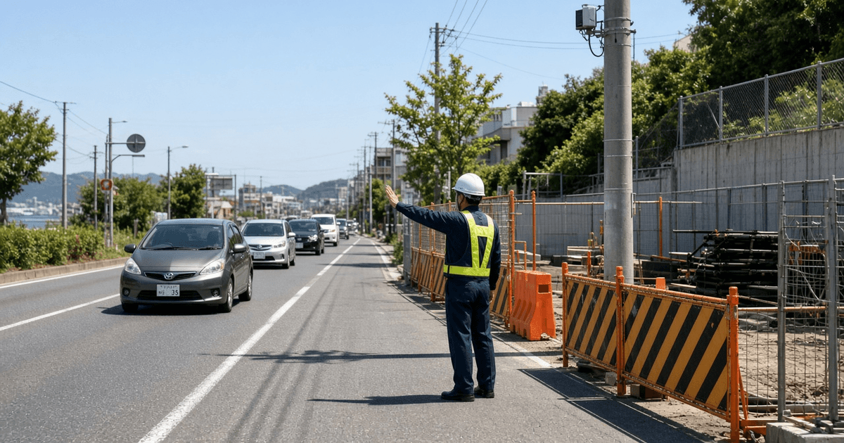 道路工事付近で交通誘導を行う警備員のイメージ(三重)