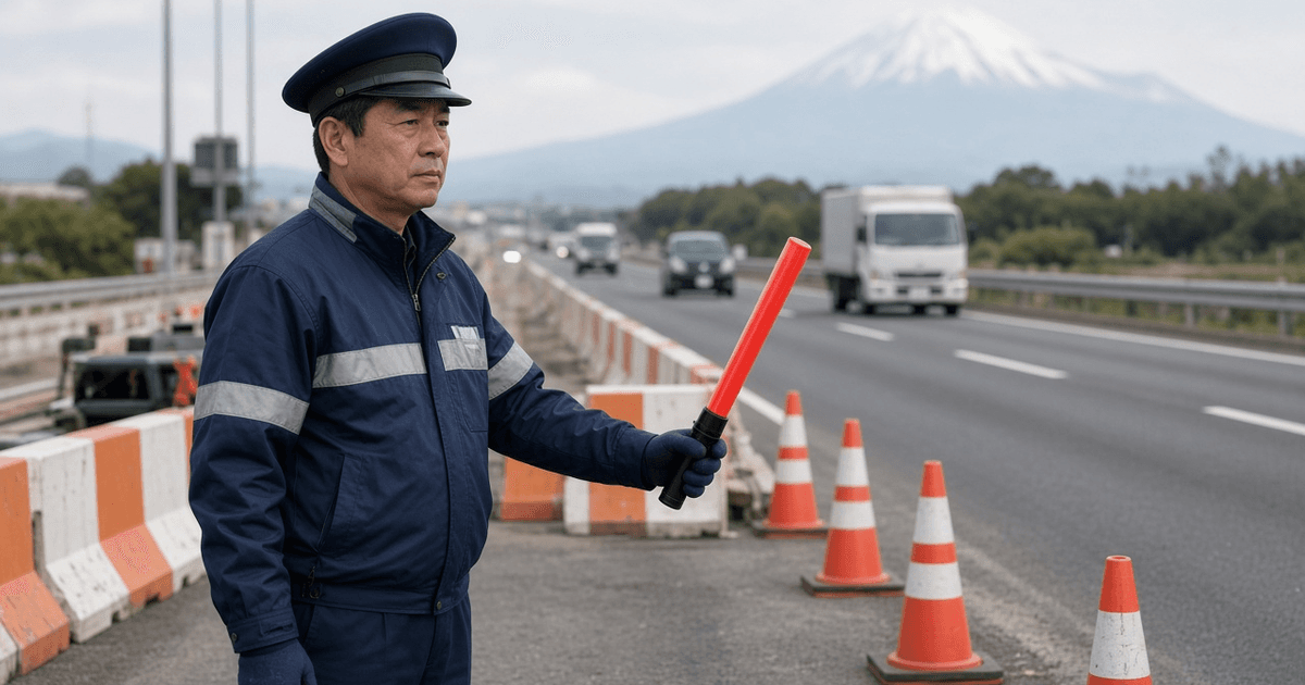 高速道路付近で交通誘導を行う警備員のイメージ(静岡)